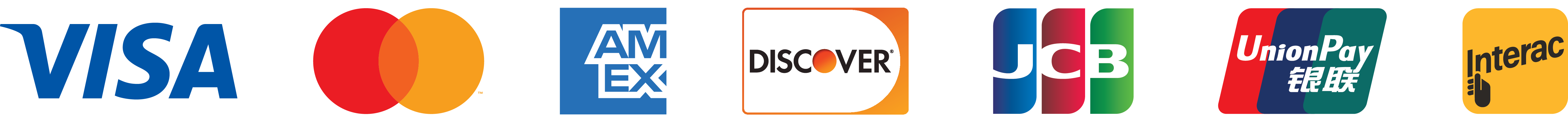 Accepted cards: Visa, Mastercard, American Express, Discover, JCB, UnionPay, and Interac