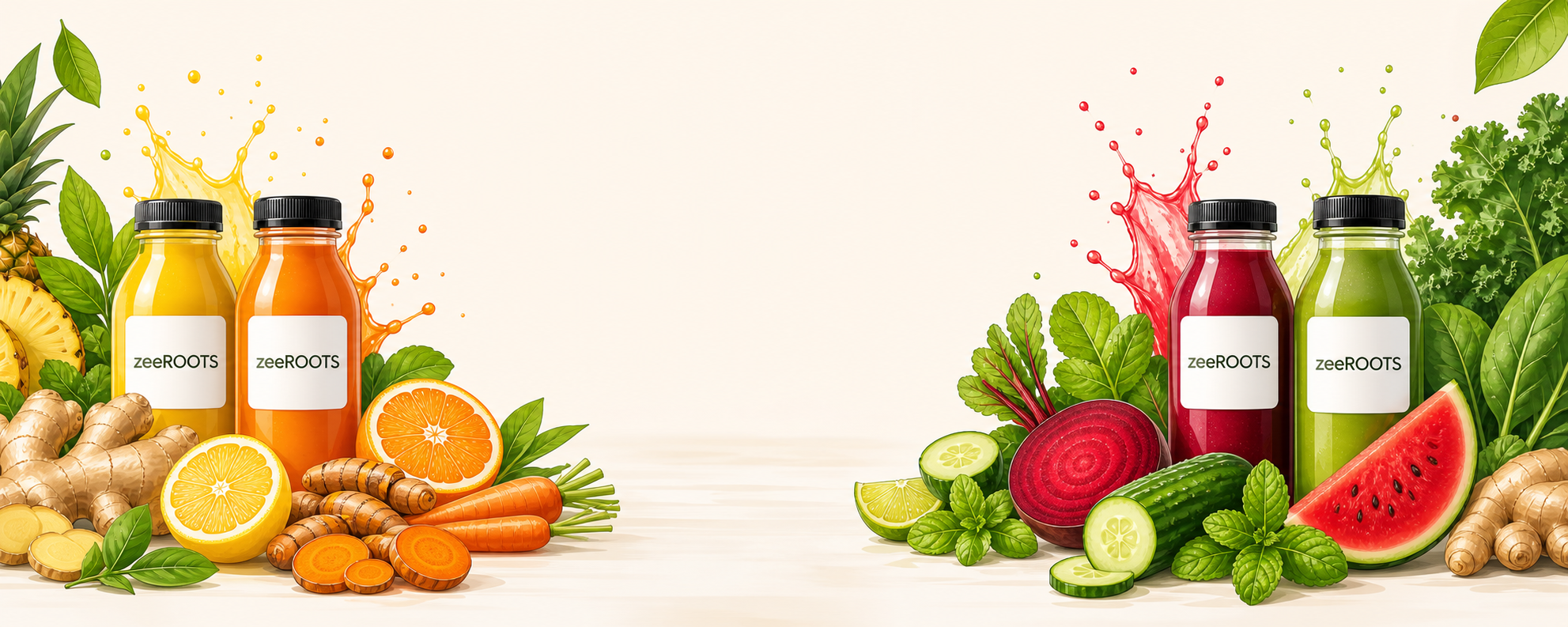 Illustrated zeeROOTS bottles with fruits, roots, and greens