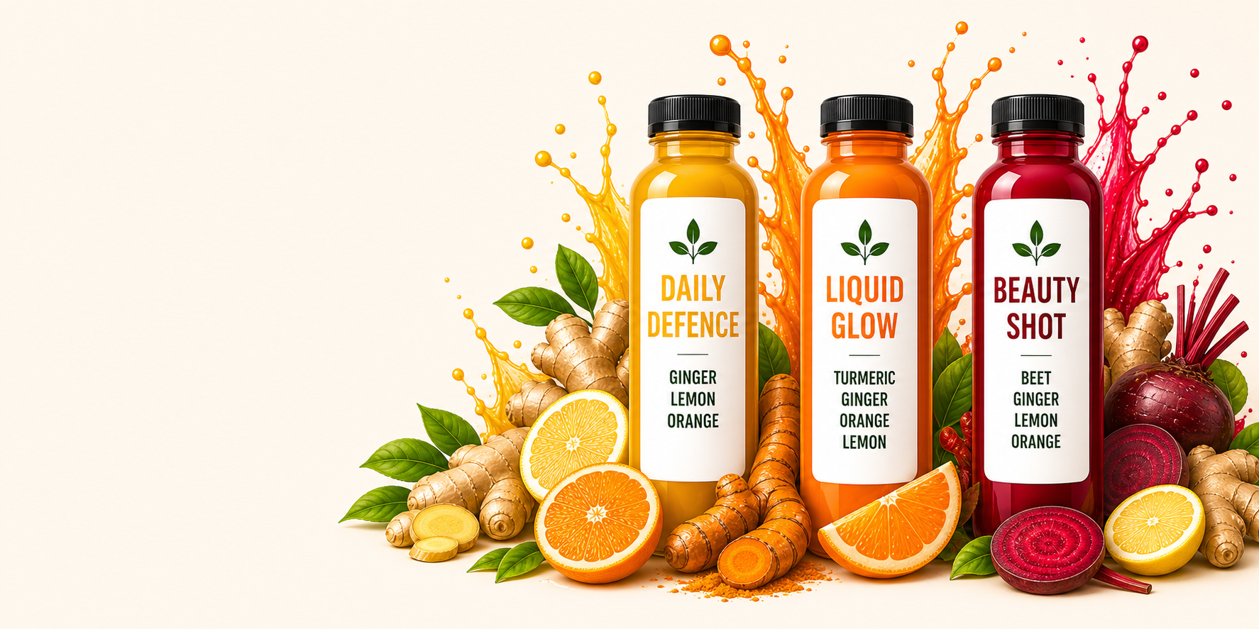 Illustrated zeeROOTS wellness bottles with roots and fruits